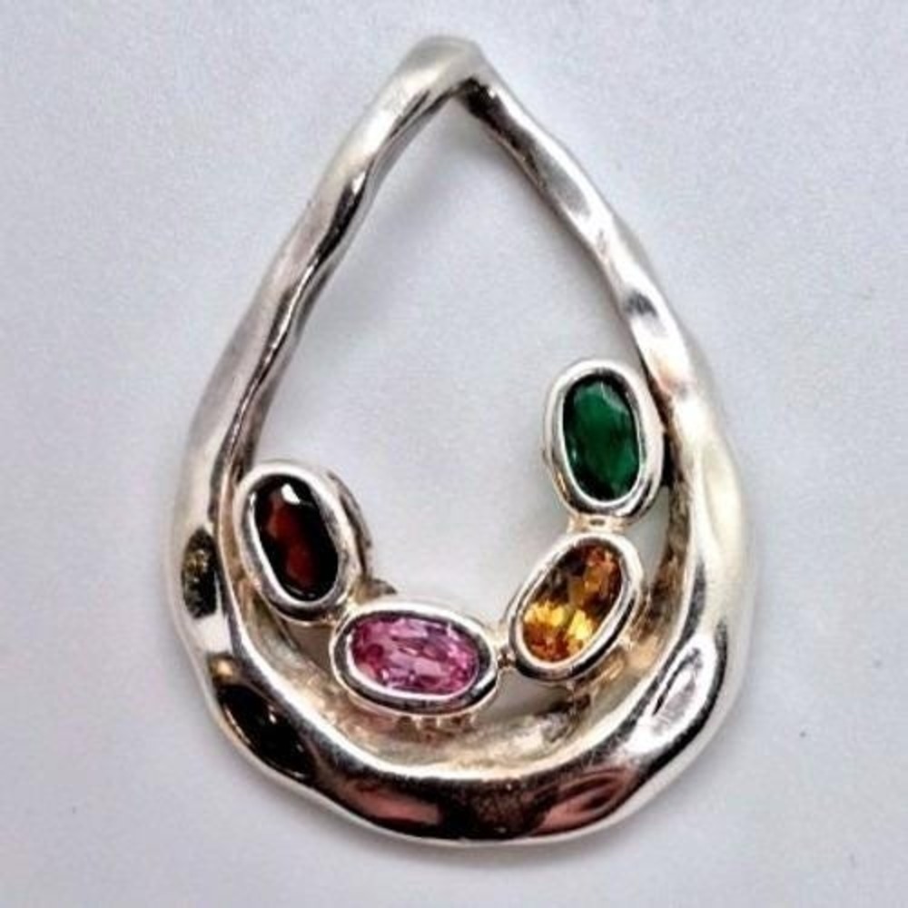 925 Sterling Silver Multi‎ Stone Swirl Pendant Garnet Citrine Emerald 1" VTG
